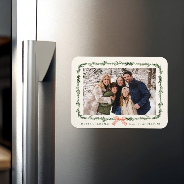 Elegant Red Bow Greenery Garland Holiday Photo Magnet (Creator Uploaded)