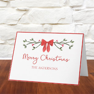 Elegant Red Bow & Holly Personalised Christmas  Card