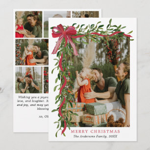 Elegant Red Bow Mistletoe Christmas Multi Photo Holiday Card