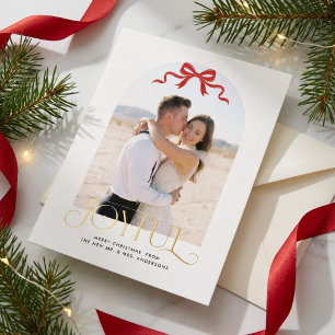 Elegant Red Bow Newlywed JOYFUL Christmas Photo Foil Holiday Card