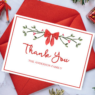 Elegant Red Bow Personalised Family Christmas Thank You Card