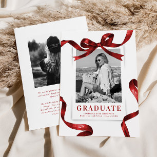 Elegant Red Bow Photo Graduation Announcement