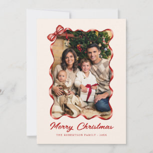 Elegant Red Bow Ribbon Christmas 4 Photo Holiday Card