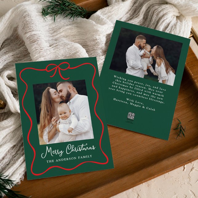 Elegant Red Bow Ribbon Green 2 Photo Holiday Card (Creator Uploaded)