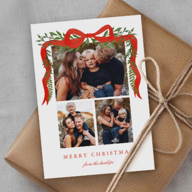 Elegant Red Bow with Greenery 3 Photo Christmas Holiday Card (Elegant Red Bow with Greenery 3 Photo Christmas Holiday Cards.)