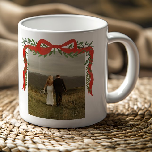 Elegant Red Bow with Greenery Photo Christmas Coffee Mug (Elegant hand-painted red bow with greenery photo Christmas holiday mug.)