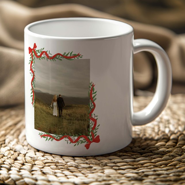 Elegant Red Bow with Greenery Photo Christmas Coffee Mug (Elegant red ribbons with bows and greenery photo Christmas holiday mugs.)