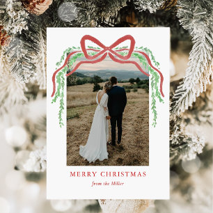 Elegant Red Bow with Greenery Photo Christmas Holiday Card