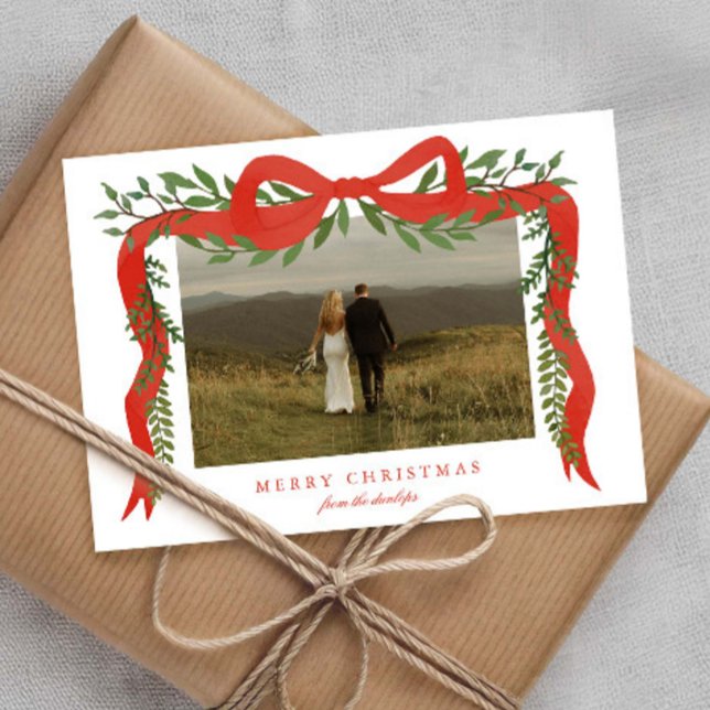 Elegant Red Bow with Greenery Photo Christmas Holiday Card (Elegant red bow with greenery photo Christmas Holiday cards.)