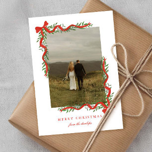 Elegant Red Bow with Greenery Photo Christmas Holiday Card