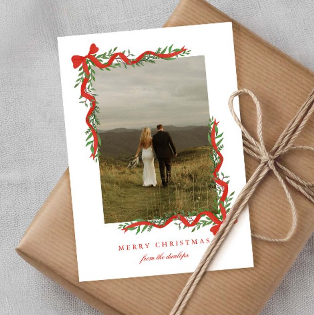 Elegant Red Bow with Greenery Photo Christmas Holiday Card (Elegant painterly red bows with greenery photo Christmas Cards.)