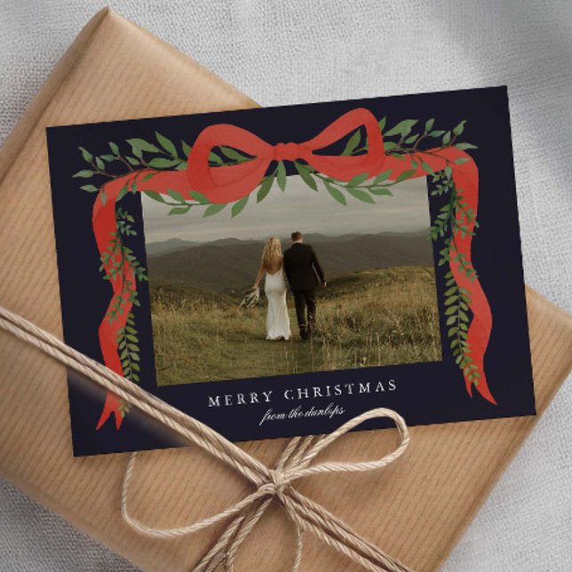 Elegant Red Bow with Greenery Photo Christmas Holiday Card (Elegant red bows and greenery photo Christmas holiday cards.)