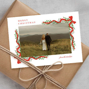 Elegant Red Bow with Greenery Photo Christmas Holiday Card