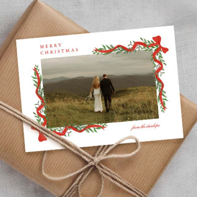 Elegant Red Bow with Greenery Photo Christmas Holiday Card (Elegant painted red bows with greenery photo Christmas holiday cards.)