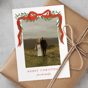 Elegant Red Bow with Greenery Photo Christmas Holiday Card