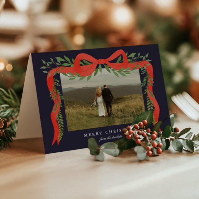 Elegant Red Bow with Greenery Photo Christmas Holiday Card (Elegant red ribbon bow with greenery photo Christmas holiday cards. )