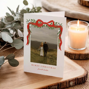 Elegant Red Bow with Greenery Photo Christmas Holiday Card