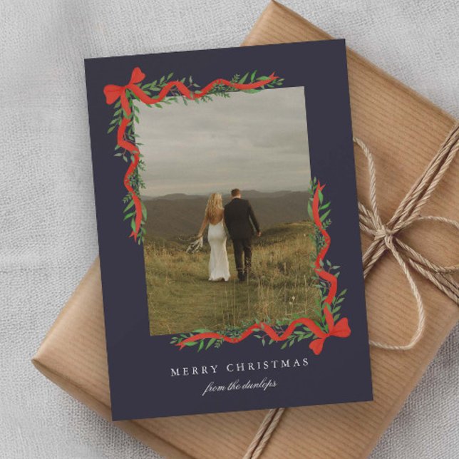 Elegant Red Bow with Greenery Photo Christmas Holiday Card (Elegant red ribbon bows with greenery photo Christmas holiday cards.)