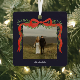 Elegant Red Bow with Greenery Photo Christmas Metal Tree Decoration