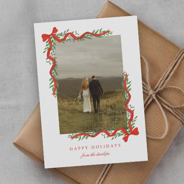 Elegant Red Bow with Greenery Photo Holiday Card (Elegant red ribbon bows with greenery photo holiday cards.)
