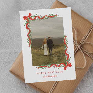 Elegant Red Bow with Greenery Photo New Year Holiday Card