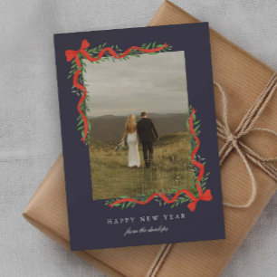 Elegant Red Bow with Greenery Photo New Year Holiday Card