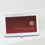 Elegant Red Brushed Gold Monogram Business Card Holder<br><div class="desc">Elegant monogram design with brushed metallic gold monogram medallion with personalised name and title or custom text below on a gradient background in shades of ruby red. Personalise for your custom use.</div>