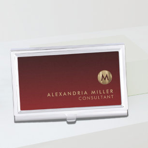 Elegant Red Brushed Gold Monogram Business Card Holder