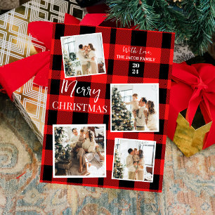 Elegant Red Buffalo Christmas Tree Family 4 Photo Holiday Postcard