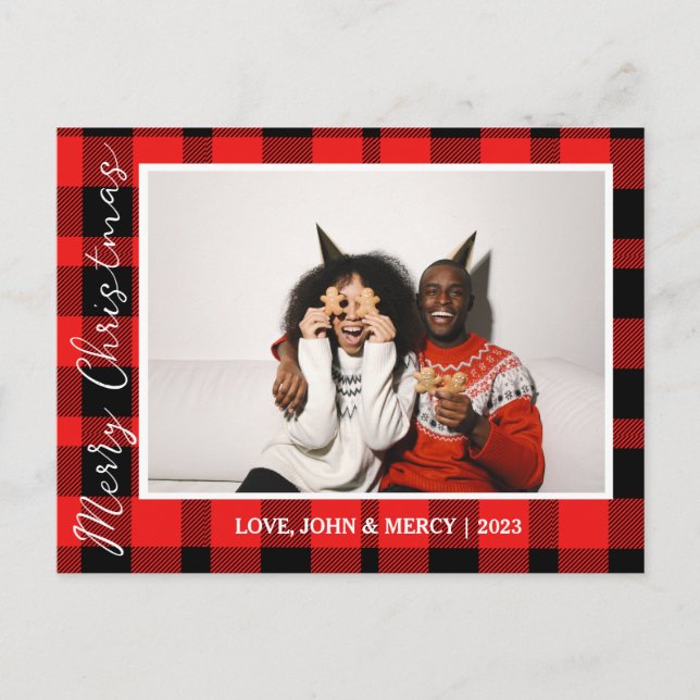 Elegant Red Buffalo Plaid Christmas Couple Photo Holiday Postcard (Front)