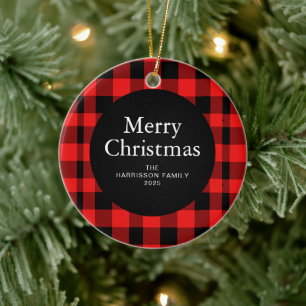 Elegant Red Buffalo Plaid Christmas Family 1 Photo Ceramic Tree Decoration
