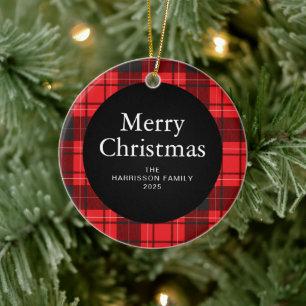 Elegant Red Buffalo Plaid Christmas Family 1 Photo Ceramic Tree Decoration