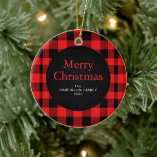 Elegant Red Buffalo Plaid Christmas Family 1 Photo Ceramic Tree Decoration