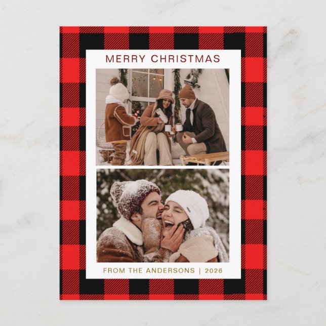 Elegant Red Buffalo Plaid Christmas Family 2 Photo Holiday Postcard (Front)