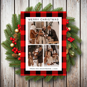 Elegant Red Buffalo Plaid Christmas Family 3 Photo Holiday Card