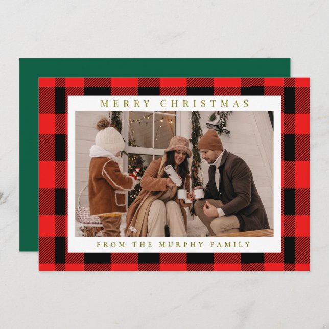 Elegant Red Buffalo Plaid Christmas Family Photo  Holiday Card (Front/Back)