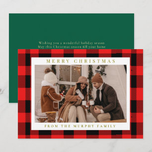Elegant Red Buffalo Plaid Christmas Family Photo Holiday Card