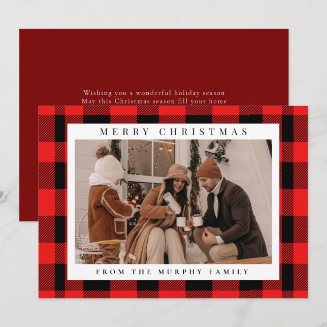 Elegant Red Buffalo Plaid Christmas Family Photo  Holiday Card (Front/Back)