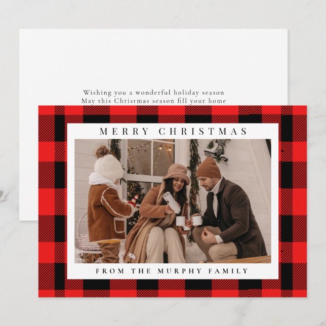 Elegant Red Buffalo Plaid Christmas Family Photo  Holiday Card (Front/Back)