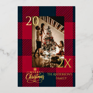 Elegant Red Buffalo Plaid Christmas Photo Foil Holiday Card
