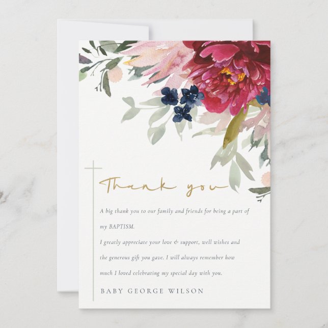 Elegant Red Burgundy Blush Blue Floral Baptism Thank You Card (Front)