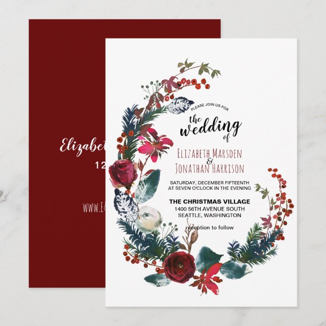 Elegant Red Burgundy Floral Christmas Wedding Invitation (Front/Back)