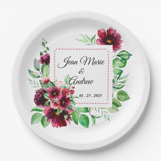 Elegant Red Burgundy Floral Wedding Paper Plate (Front)