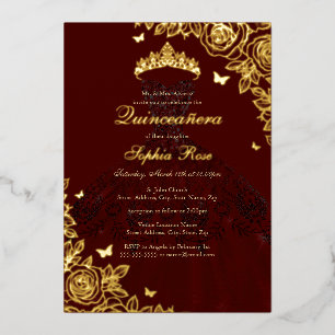 Elegant Red Burgundy Gold Rose Dress Quinceanera