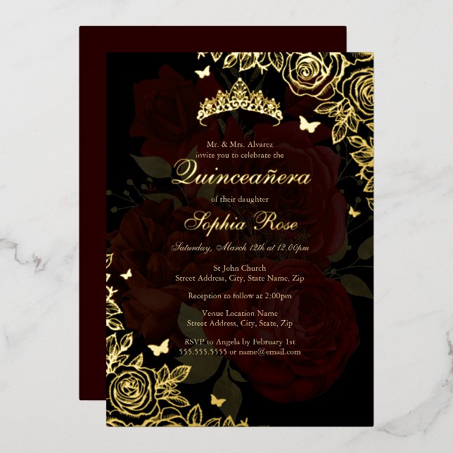 Elegant Red Burgundy Gold Rose Quinceanera (Front/Back)