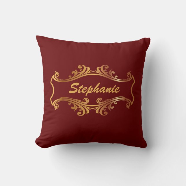 Elegant Red Burgundy Maroon Gold Personalised Chic Cushion (Front)