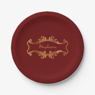Elegant Red Burgundy Maroon Gold Personalised Chic Paper Plate