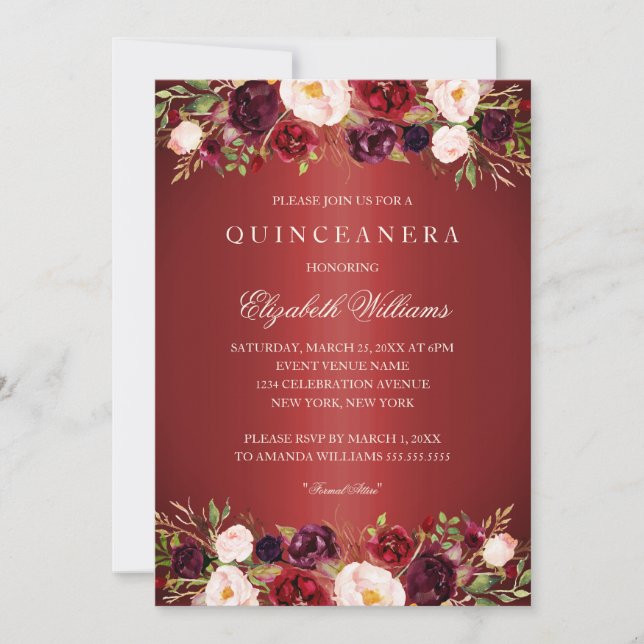 Elegant Red Burgundy Rose Quinceanera Invite (Front)