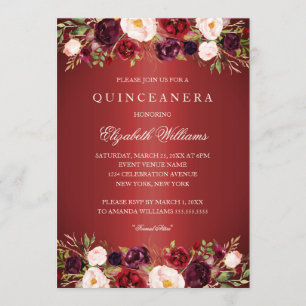 Elegant Red Burgundy Rose Quinceanera Invite