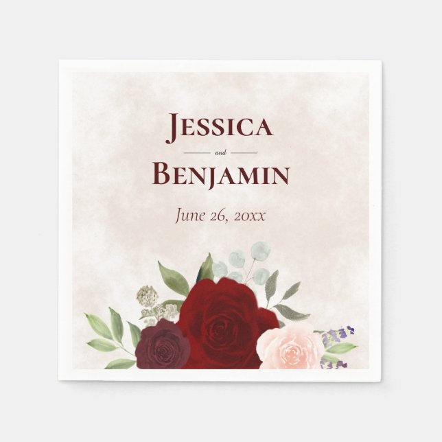 Elegant Red & Burgundy Watercolor Roses Wedding Napkin (Front)